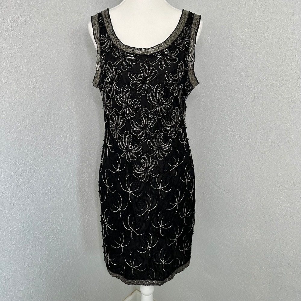 Vintage Rare Scala Black Beaded Sleeveless Flapper Dress Womens XL